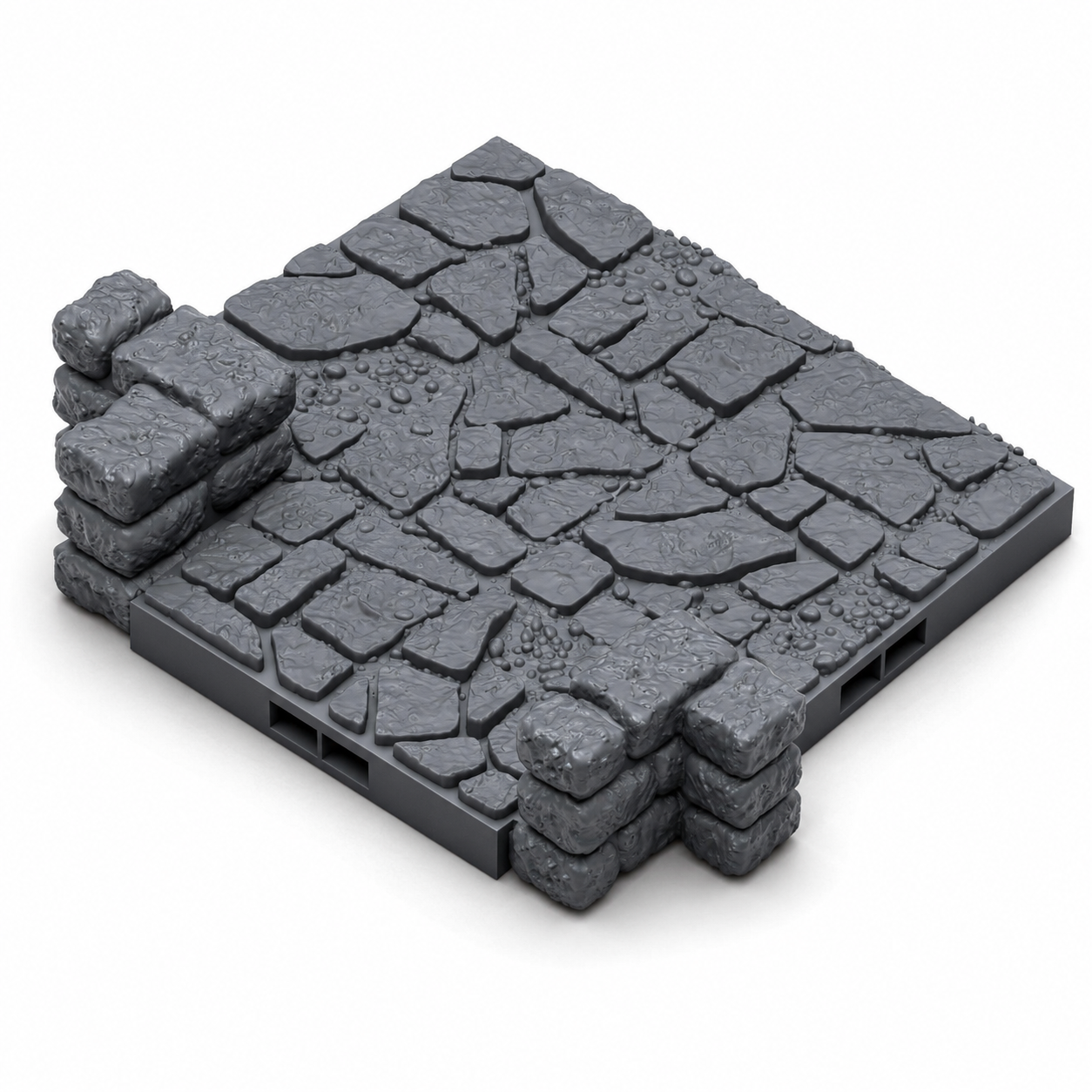 Flere modulære dungeon-korridorer i grå PLA, klare til å bygge passasjer og kryss på spillbordet.