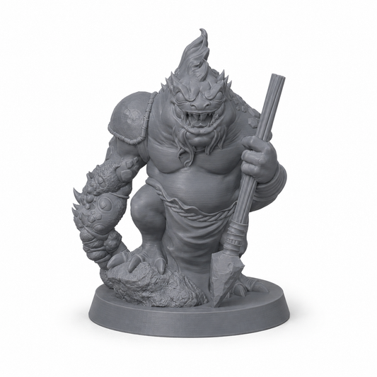 3D-printet Kuo-Toa Corrupted Warrior miniatyr i grå PLA til D&D og tabletop-rollespill.
