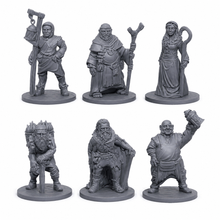 3D-printet sett med seks sivile landsbyboere i hverdagslige positurer i grå PLA til D&D og Pathfinder.