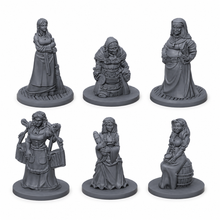 3D-printet sett med seks sivile NPC-figurer i varierte positurer i grå PLA til D&D og Pathfinder.
