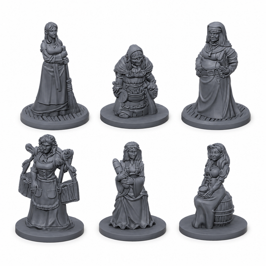 3D-printet Landsbyboere II miniatyrsett i grå PLA til D&D og tabletop-rollespill.