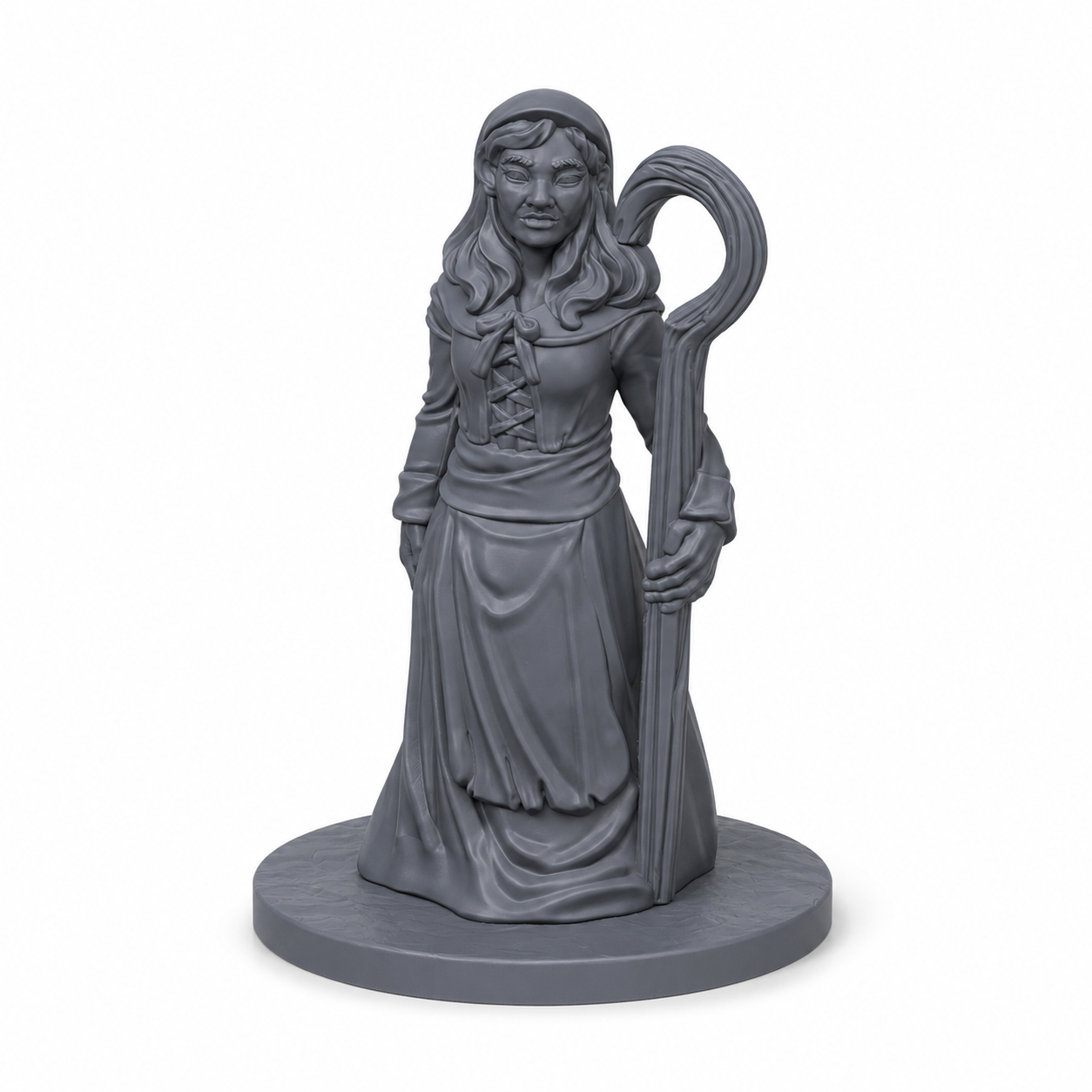 3D-printet landsbygjeter med hyrdestav, lang kjole og hodeplagg i grå PLA til D&D og tabletop-rollespill.