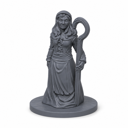 3D-printet landsbygjeter med hyrdestav, lang kjole og hodeplagg i grå PLA til D&D og tabletop-rollespill.