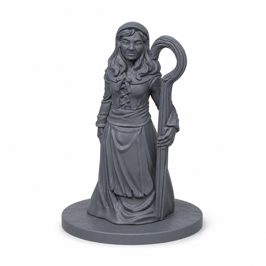 3D-printet landsbygjeter med hyrdestav, lang kjole og hodeplagg i grå PLA til D&D og tabletop-rollespill.