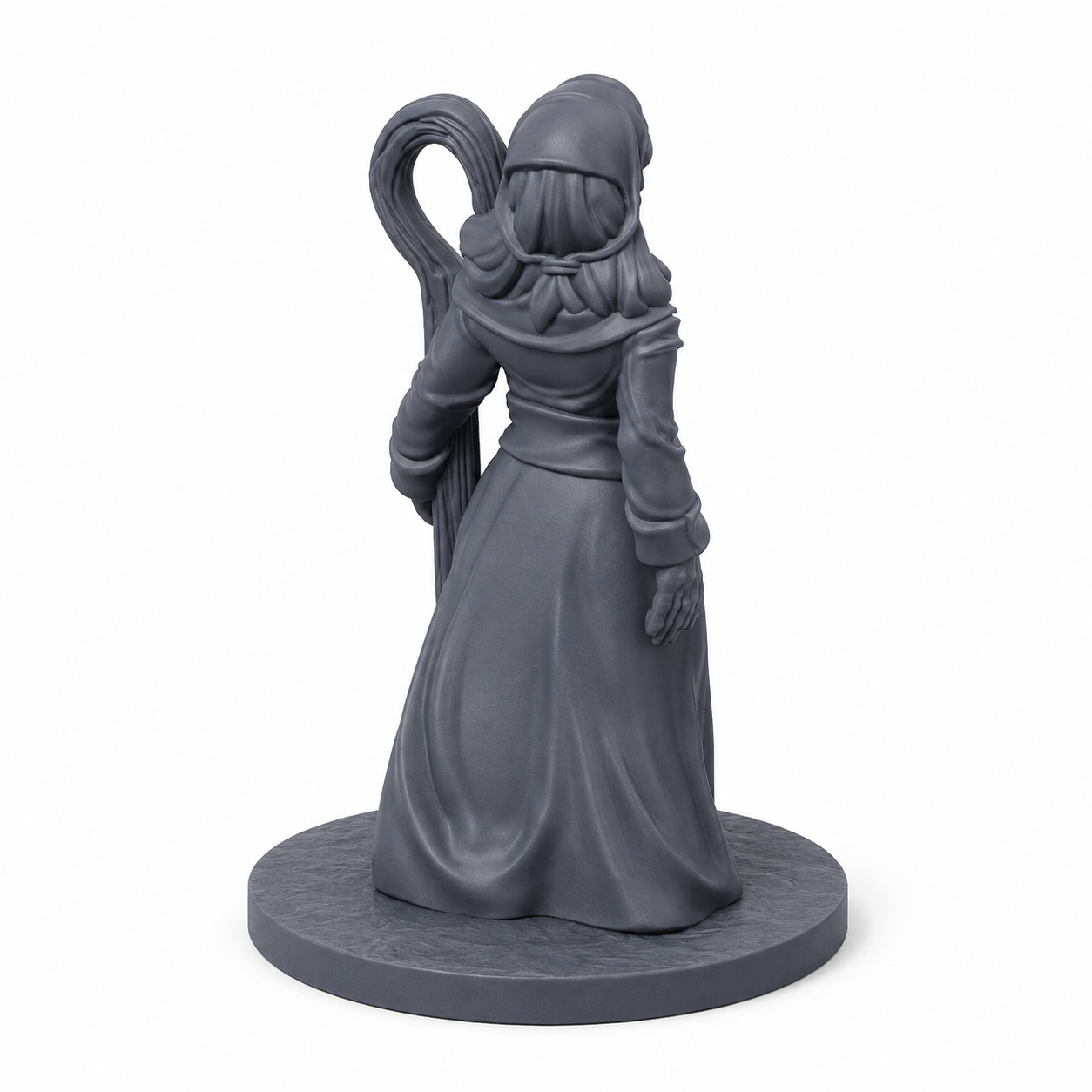 3D-printet landsbygjeter med hyrdestav, lang kjole og hodeplagg i grå PLA til D&D og tabletop-rollespill.