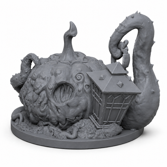 3D-printet Lantern Pumpkin gresskarlykt-monster i grå PLA til D&D og tabletop-rollespill.