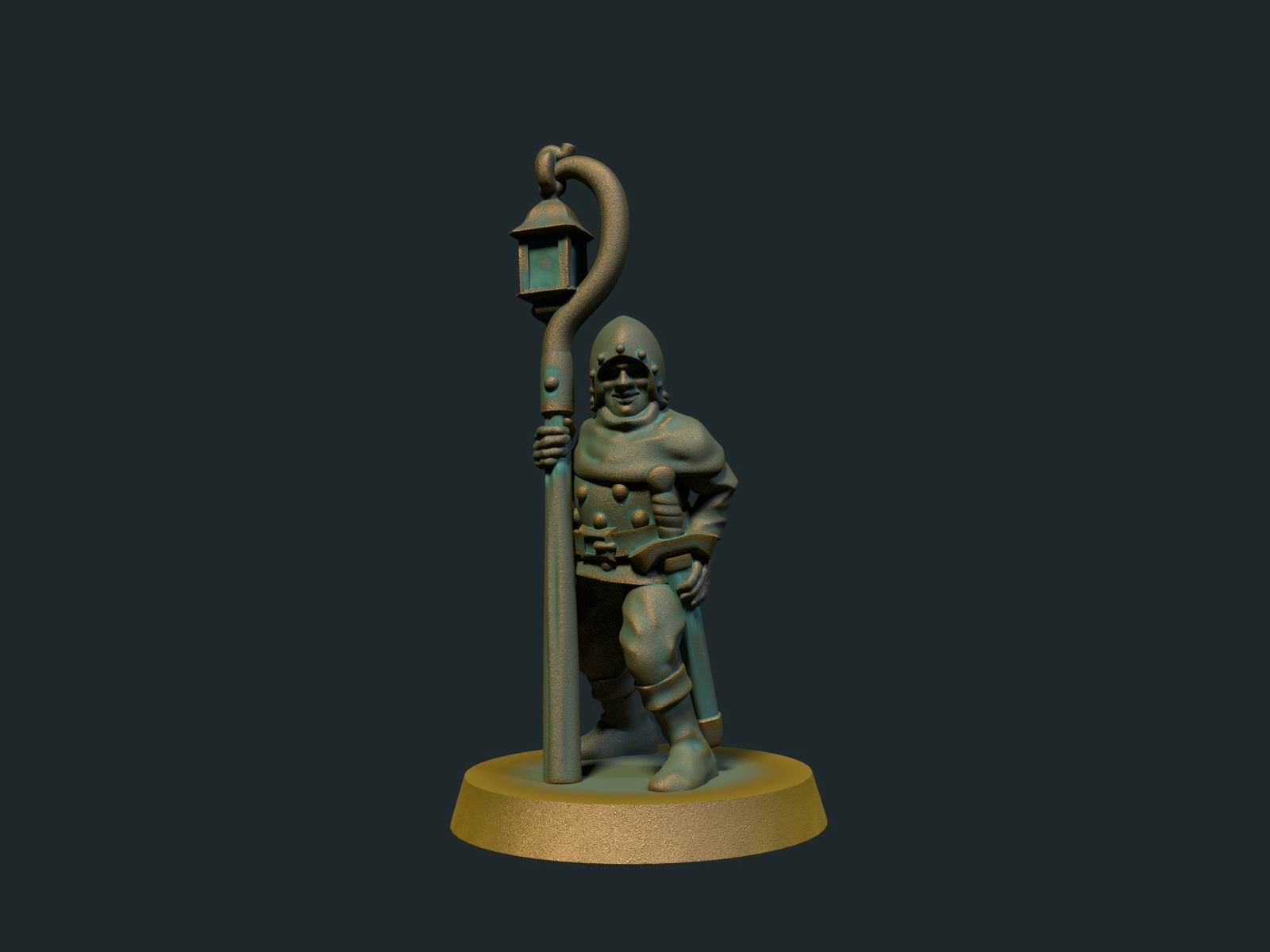 Lyktebærer / Bygvakt, 3D-printet D&D-miniatyr fra Spillsmia.