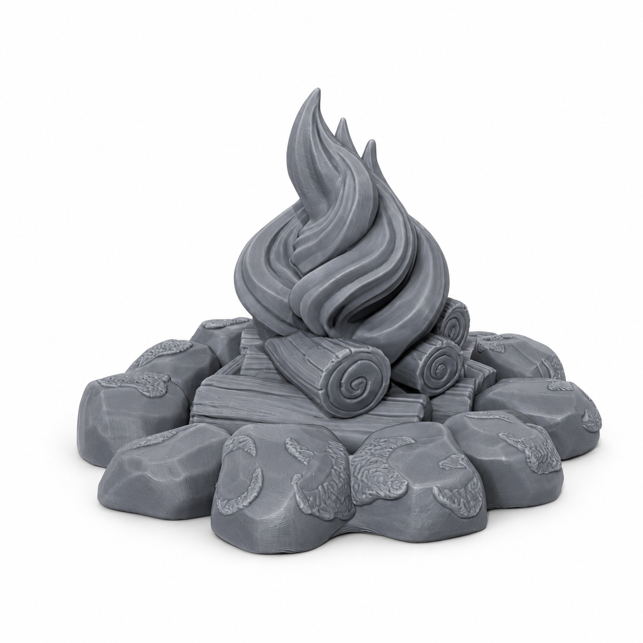 3D-printet leirbål i grå PLA til D&D og tabletop-rollespill.
