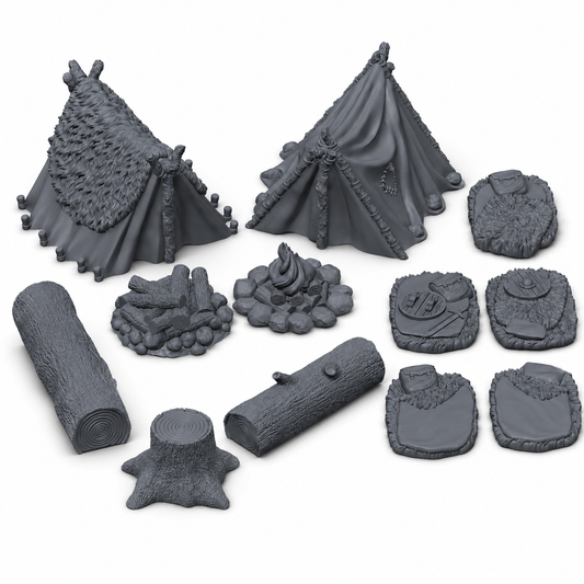 3D-printet leirplass-terrengsett med telt, soveposer, bålsteder, trestubber og stokker i grå PLA til D&D og tabletop-rollespill.