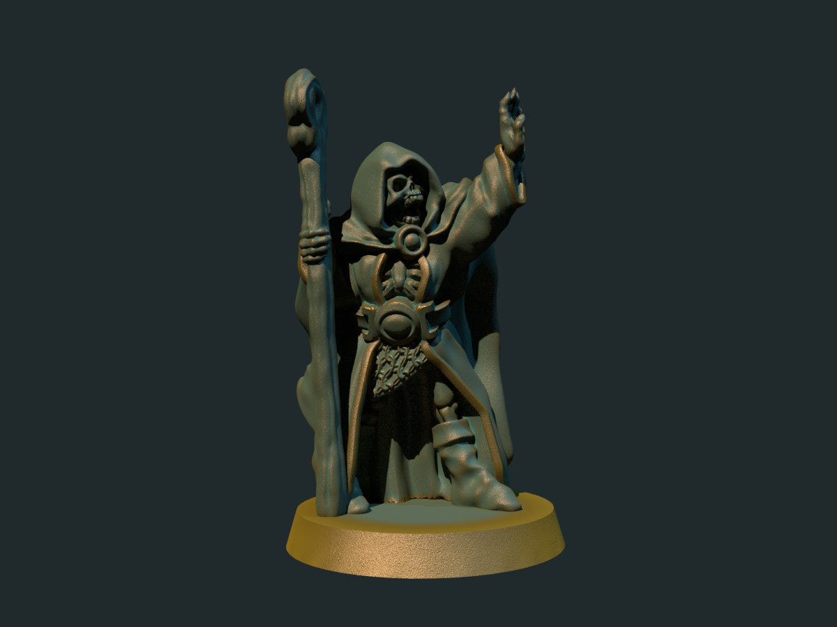 3D-printet lich, uddødelig skjelettaktig trollmann i grå PLA til D&D og Pathfinder.