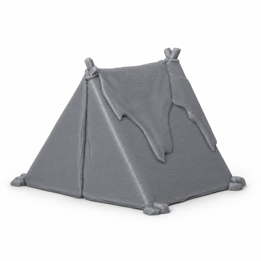 3D-printet lite telt i grå PLA til D&D og tabletop-rollespill.