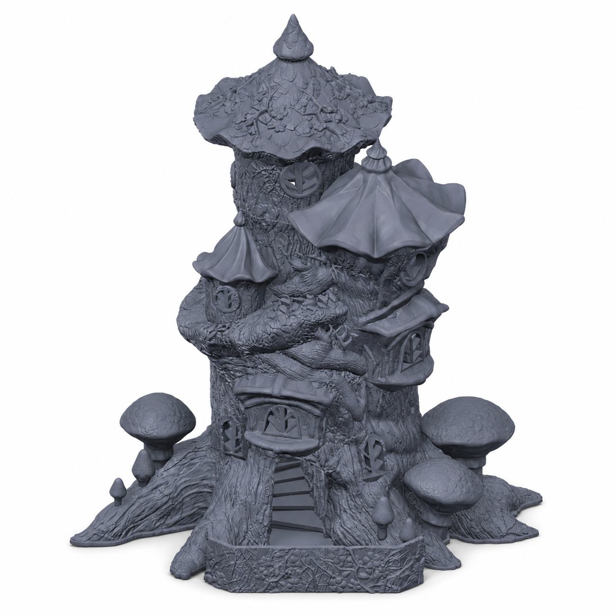 3D-printet Måneskogens tårn dice tower med sopptak, røtter og eventyrlig skogstårn i grå PLA til D&D og tabletop-rollespill.