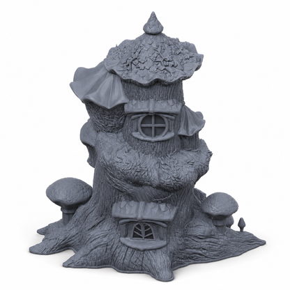 3D-printet Måneskogens tårn dice tower med sopptak, røtter og eventyrlig skogstårn i grå PLA til D&D og tabletop-rollespill.