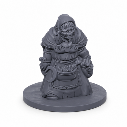 3D-printet markedskone med grønnsaker, forkle, hodeplagg og kjøkkenkniv i grå PLA til D&D og tabletop-rollespill.