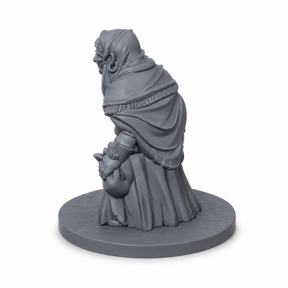 3D-printet markedskone med grønnsaker, forkle, hodeplagg og kjøkkenkniv i grå PLA til D&D og tabletop-rollespill.