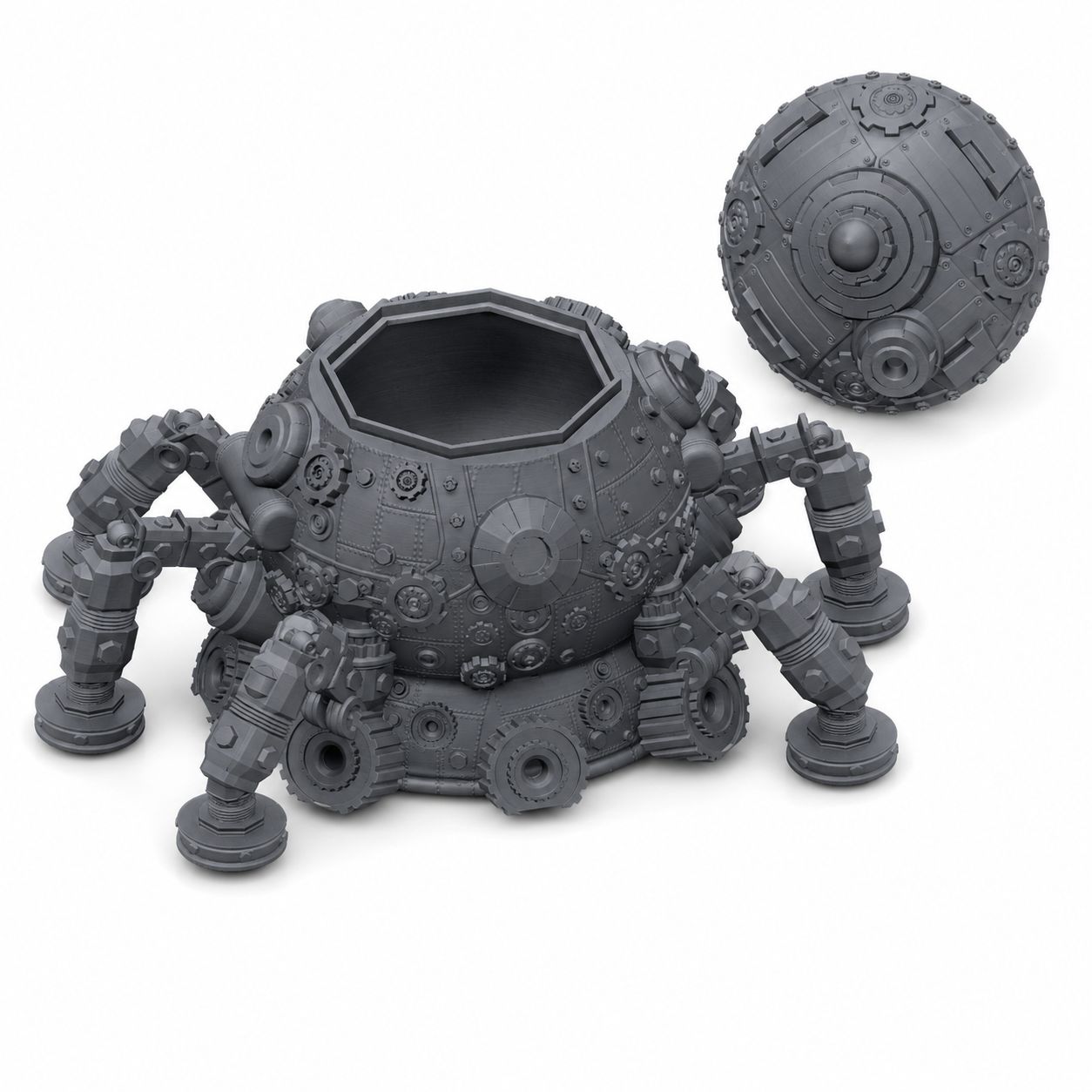 3D-printet OctoTank spillerskrin med skrulokk, mekaniske bein, pansret kuppelkropp og steampunk-detaljer i grå PLA til terninger og tabletop-rollespill.