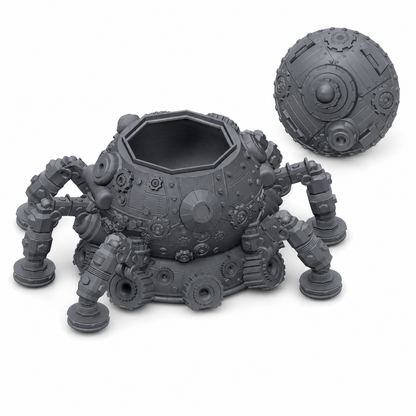 3D-printet OctoTank spillerskrin med skrulokk, mekaniske bein, pansret kuppelkropp og steampunk-detaljer i grå PLA til terninger og tabletop-rollespill.