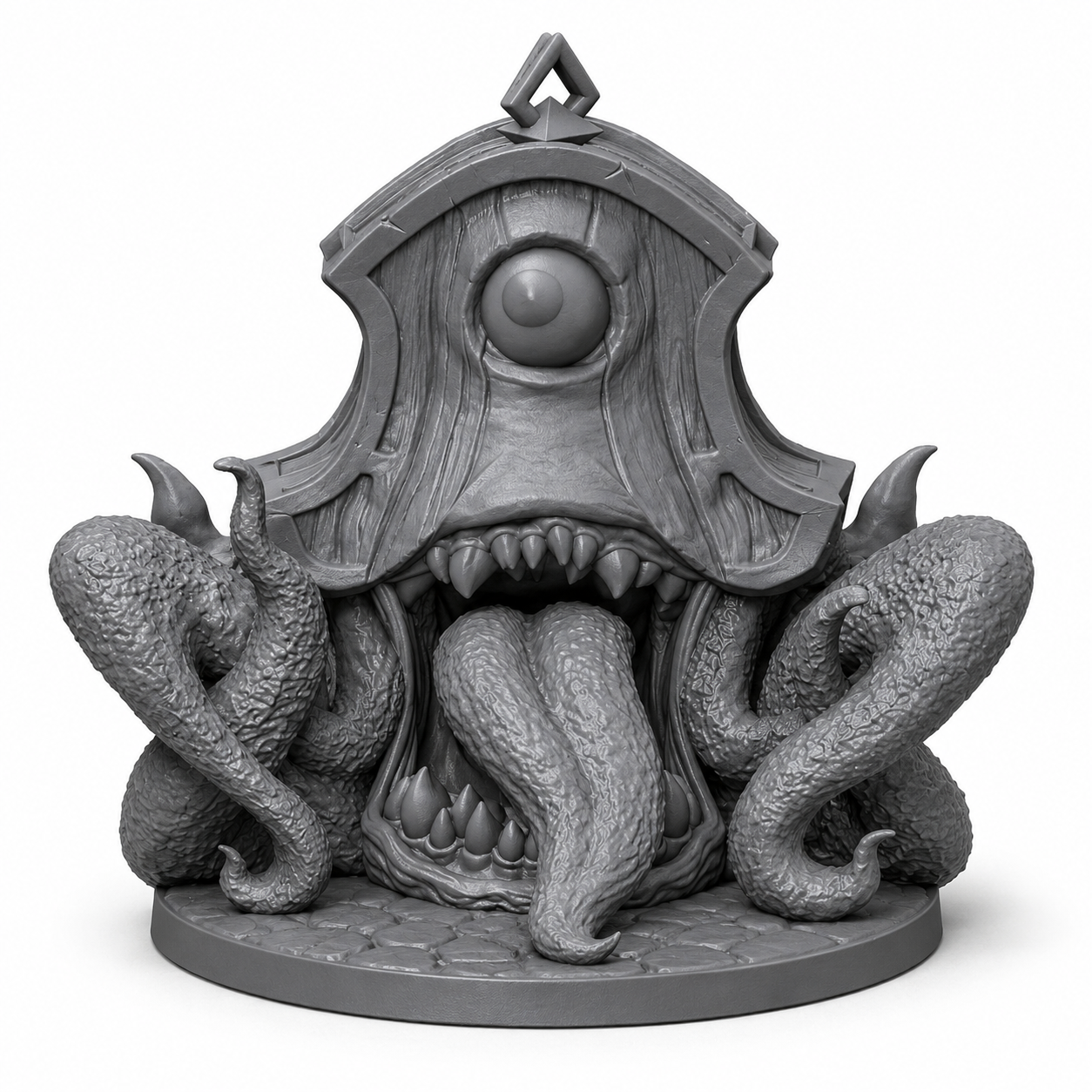 3D-printet Mimic Clock klokke-mimic i grå PLA til D&D og tabletop-rollespill.