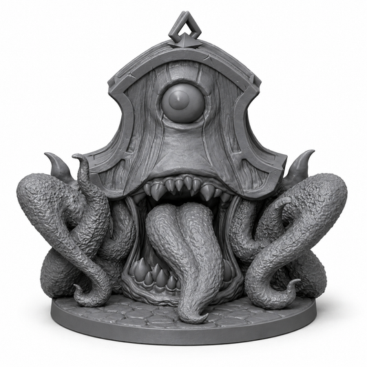 3D-printet Mimic Clock klokke-mimic i grå PLA til D&D og tabletop-rollespill.