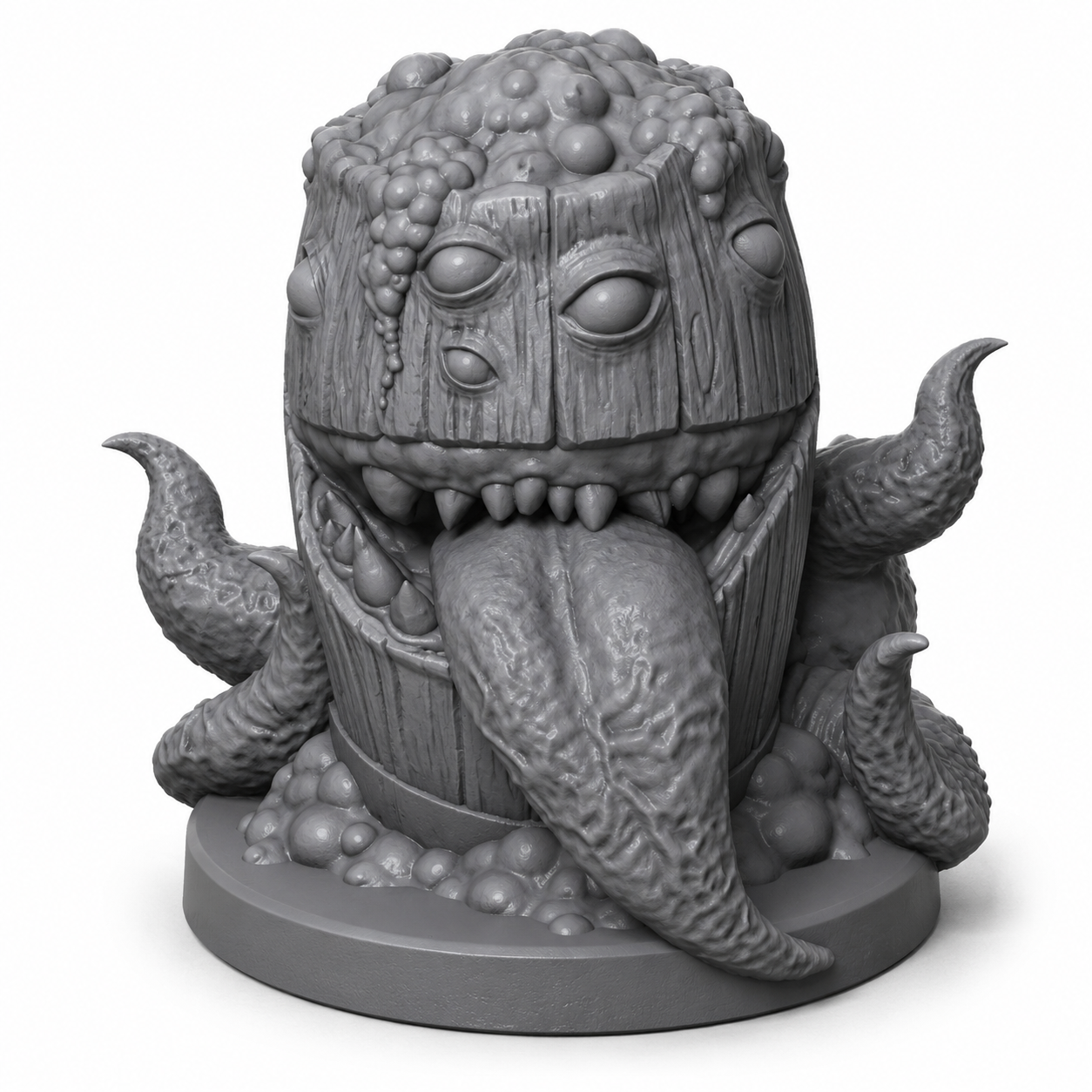 3D-printet Mimic Barrel tønne-mimic i grå PLA til D&D og tabletop-rollespill.