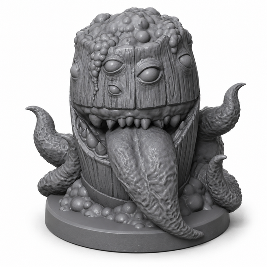 3D-printet Mimic Barrel tønne-mimic i grå PLA til D&D og tabletop-rollespill.