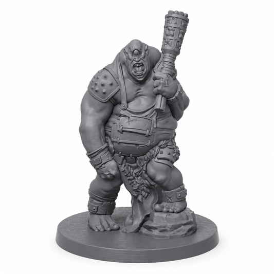 3D-printet Moriark – Smiter Cyclops kyklopboss med tung klubbe i grå PLA til D&D og tabletop-rollespill.