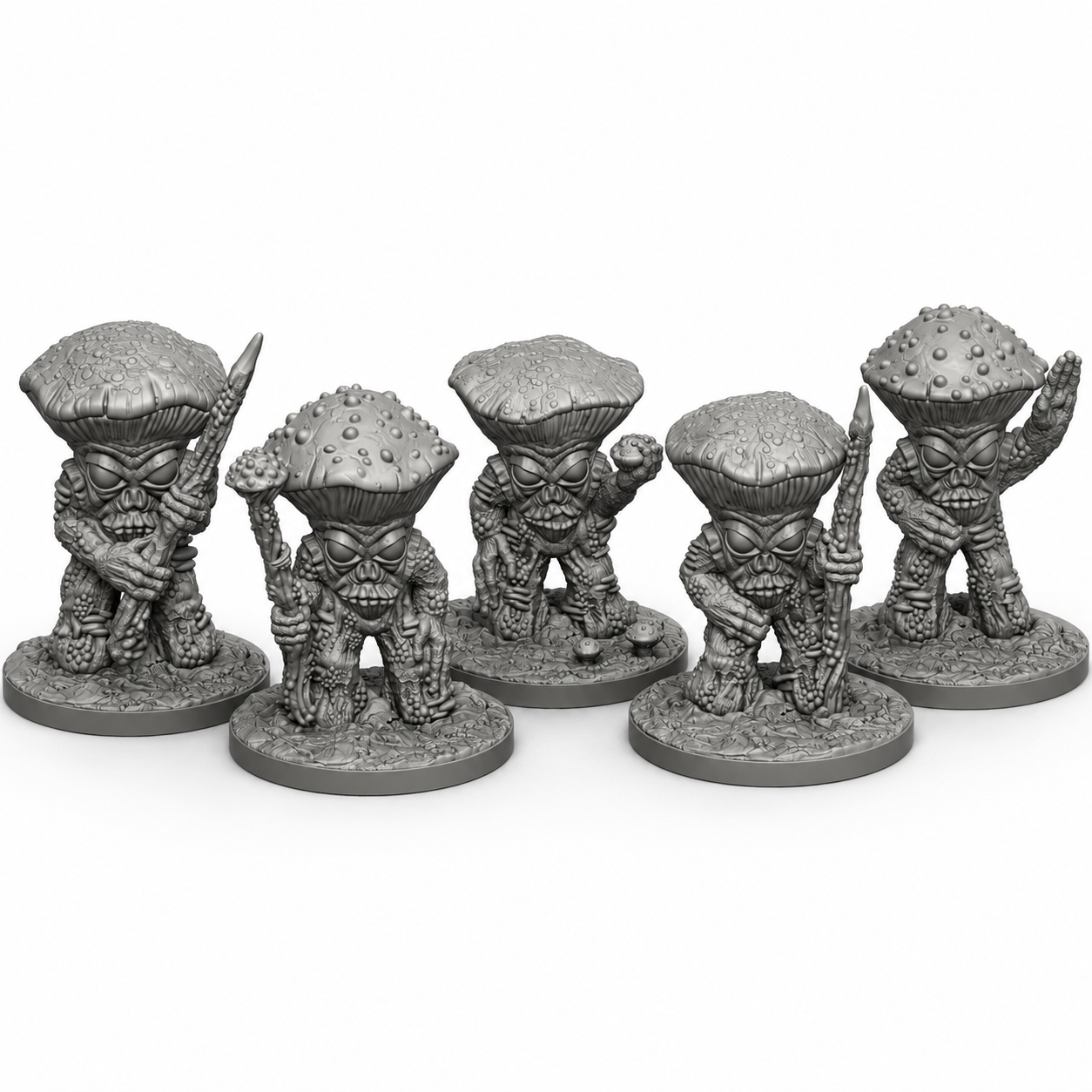 3D-printet Mushroomfolk miniatyrsett i grå PLA til D&D og tabletop-rollespill.