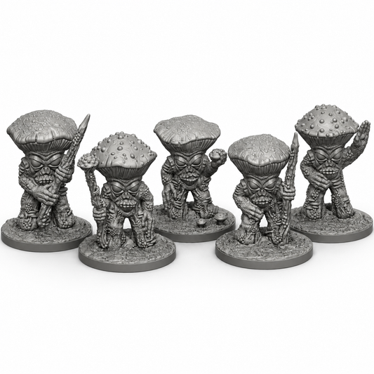 3D-printet Mushroomfolk miniatyrsett i grå PLA til D&D og tabletop-rollespill.