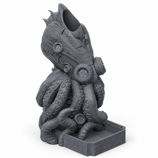Mørkegrått terningtårn formet som en mekanisk blekksprut med tentakler, industrielt design og oppsamlingsbrett foran, vist på hvit bakgrunn.