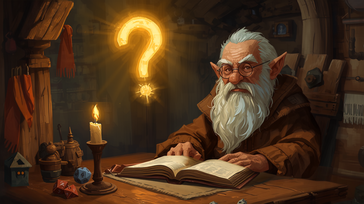 Illustrasjon av en vennlig gnomvismann ved et bord med håndmalte D&D-miniatyrer, terninger og en åpen bok, med et gyllent spørsmålstegn svevende bak seg – Spillsmia FAQ-side
