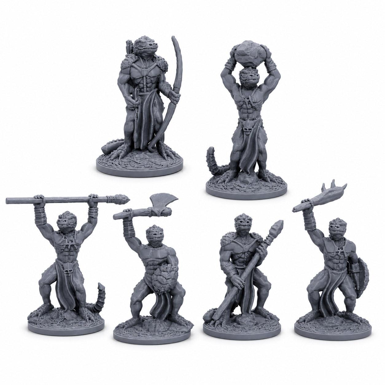 3D-printet Øglefolk miniatyrsett i grå PLA til D&D og tabletop-rollespill.
