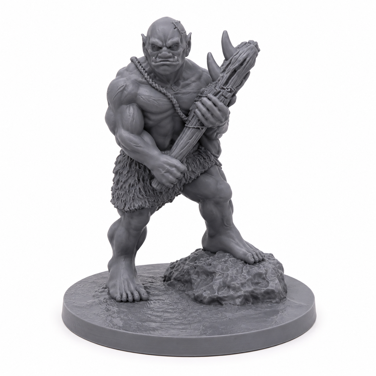 3D-printet Ogre II med stor klubbe i grå PLA til D&D, Pathfinder og andre tabletop-rollespill.