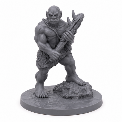 3D-printet Ogre II med stor klubbe i grå PLA til D&D, Pathfinder og andre tabletop-rollespill.