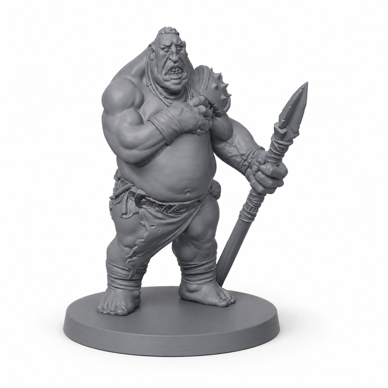 3D-printet Ogrekriger I med spyd, kraftig kropp og brutal monsterpositur i grå PLA til D&D og tabletop-rollespill.
