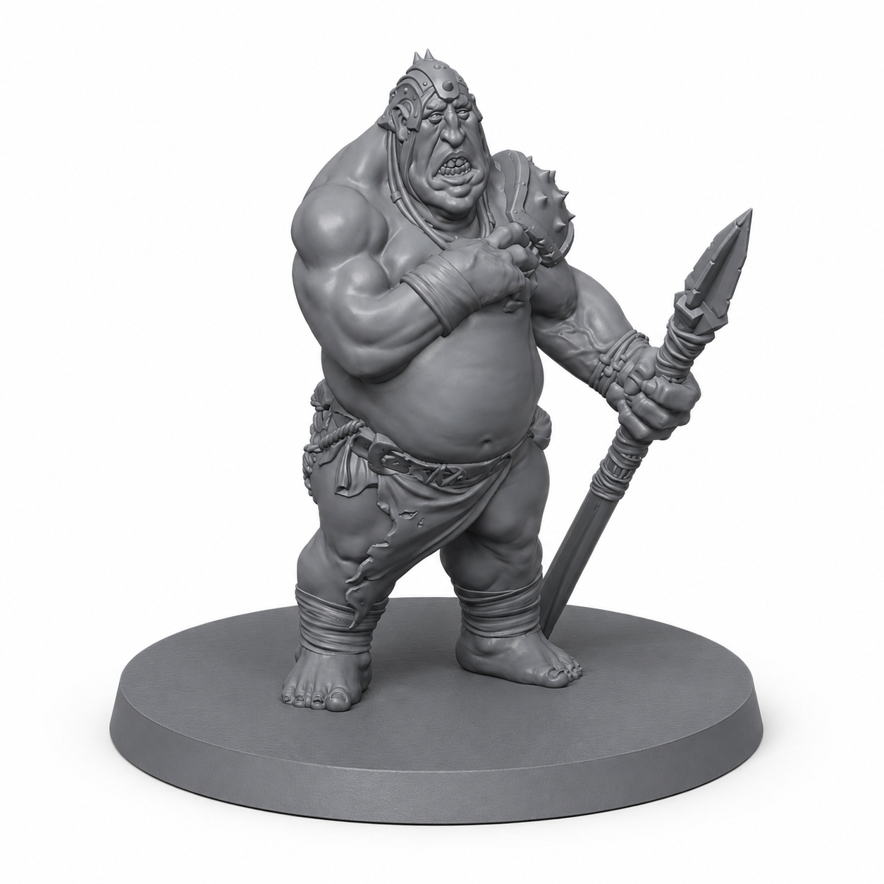 3D-printet Ogrekriger II med spyd, kraftig kropp og brutal monsterpositur i grå PLA til D&D og tabletop-rollespill.