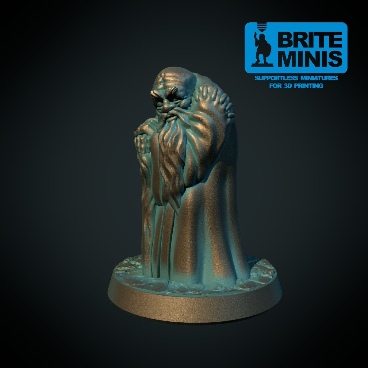 Gammel mann, 3D-printet D&D-miniatyr fra Spillsmia.