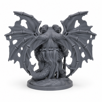 3D-printet Orcus the Demon Prince boss-miniatyr i grå PLA til D&D og tabletop-rollespill.