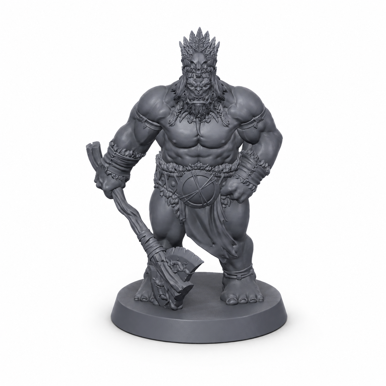 3D-printet Orkekriger II med tung øks i grå PLA til D&D og tabletop-rollespill.