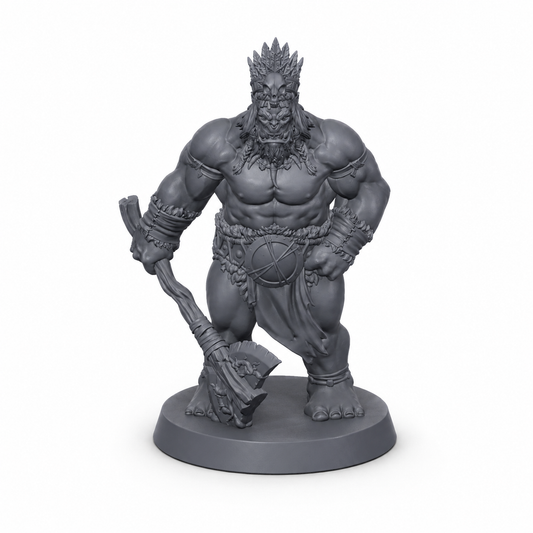 3D-printet Orkekriger II med tung øks i grå PLA til D&D og tabletop-rollespill.