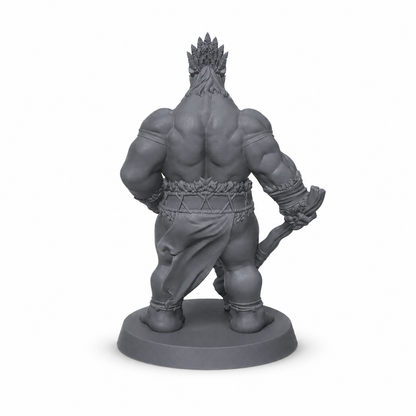 3D-printet Orkekriger II med tung øks i grå PLA til D&D og tabletop-rollespill.