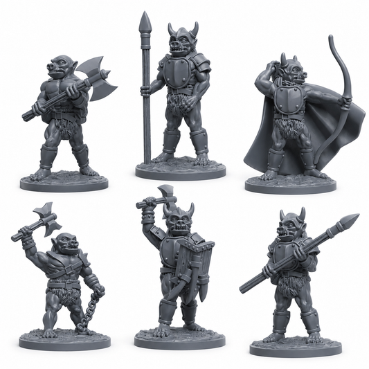 3D-printet miniatyrsett med orker i grå PLA til D&D og tabletop-rollespill.