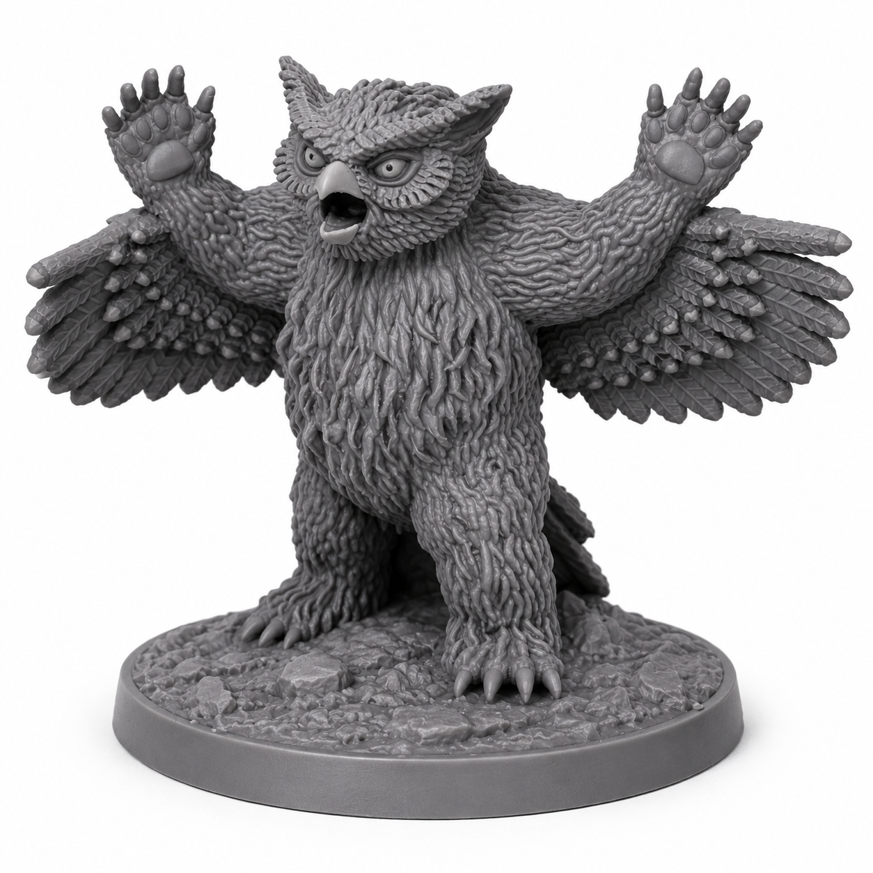 3D-printet Owlbear monsterminiatyr i grå PLA til D&D og tabletop-rollespill.