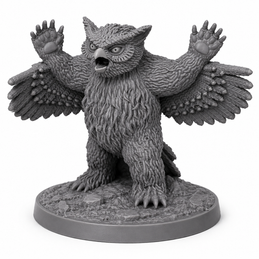 3D-printet Owlbear monsterminiatyr i grå PLA til D&D og tabletop-rollespill.
