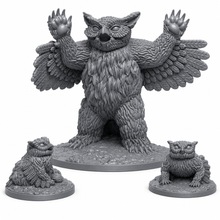 3D-printet sett med stor owlbear og to unger i grå PLA til D&D og Pathfinder.