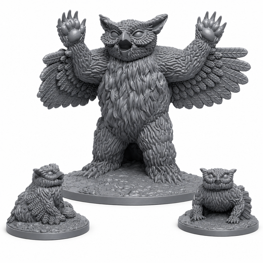 3D-printet Owlbears monstersett i grå PLA til D&D og tabletop-rollespill.