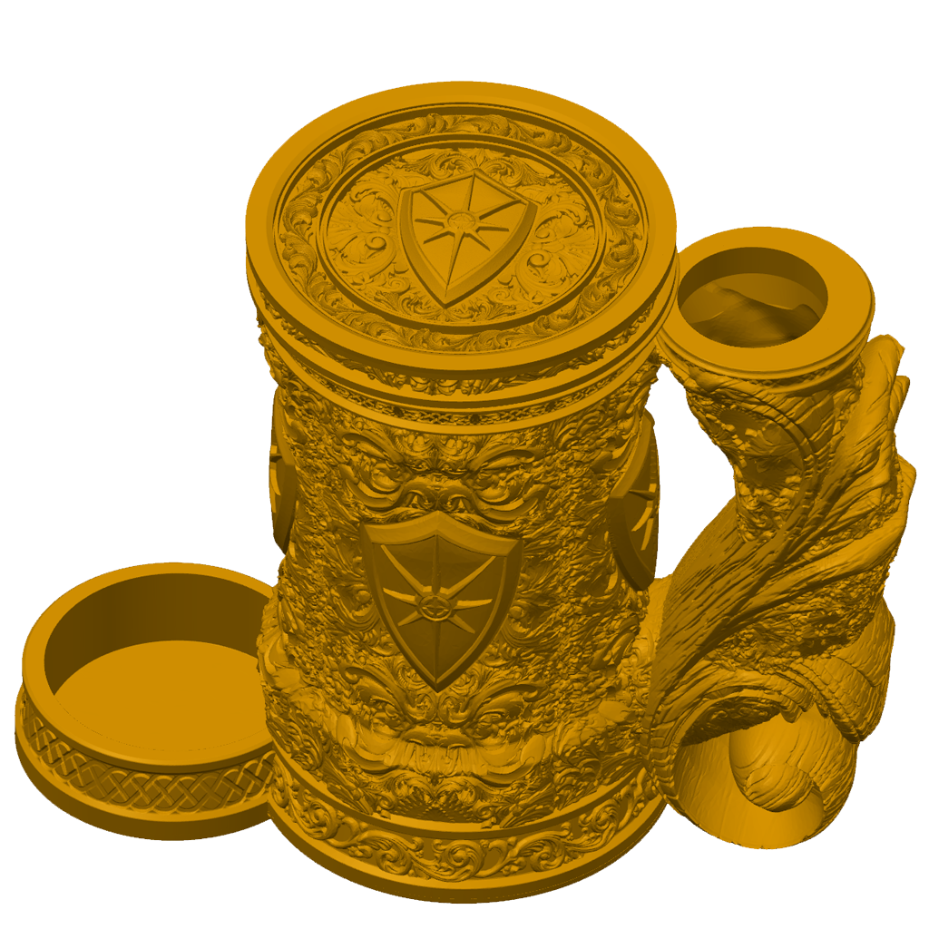 3D-printet gullfarget Paladin eventyrkrus med skjoldmotiv, skrulokk og integrert dice tower til D&D og tabletop-rollespill.