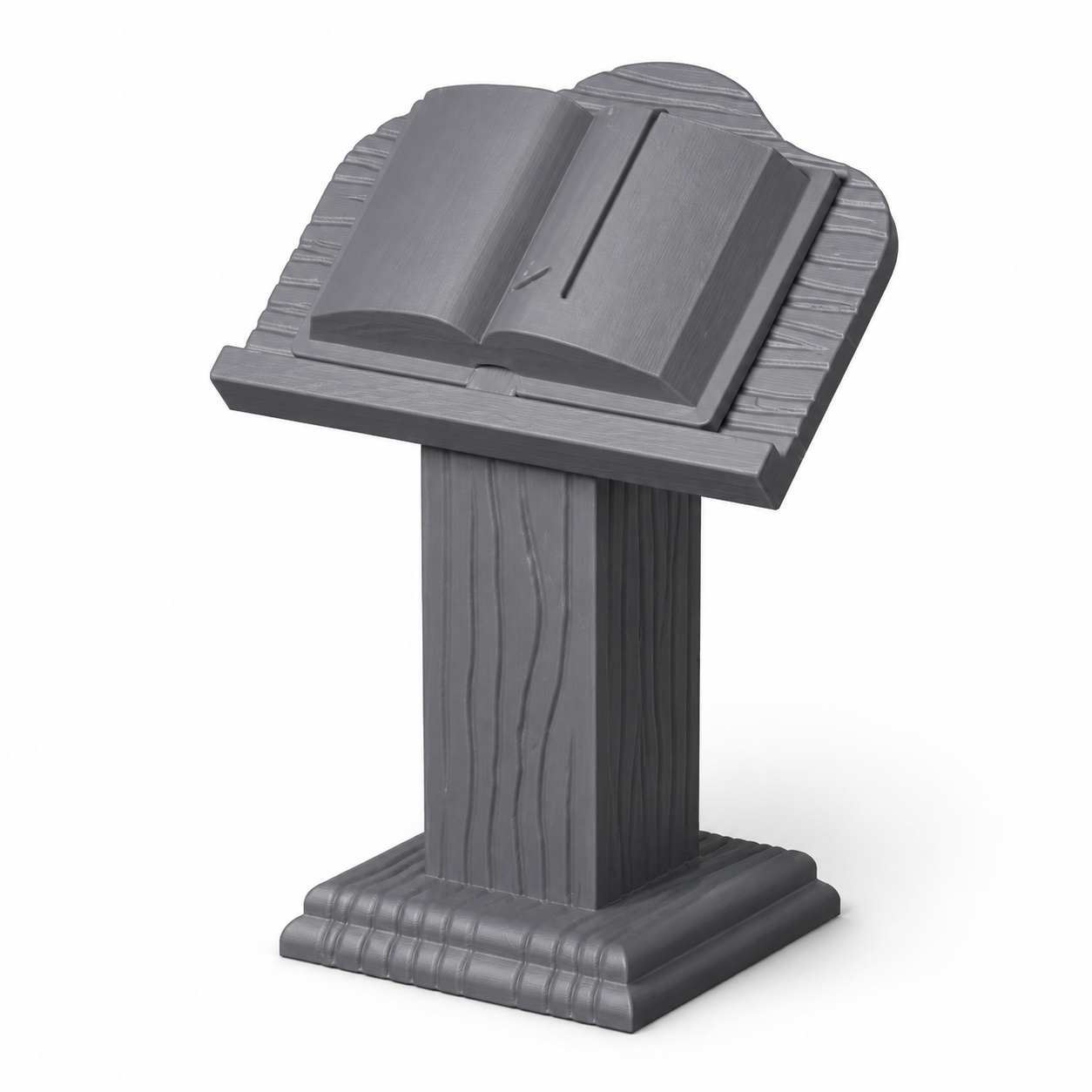 3D-printet podium med oppslått bok – lesepult til tempel og bibliotek i D&D.
