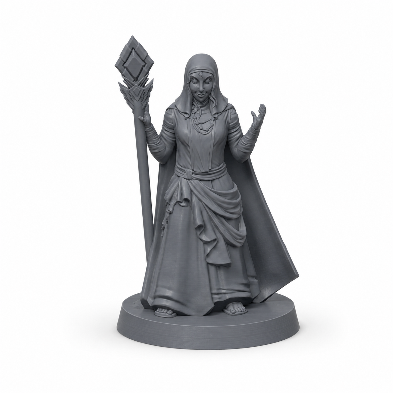 3D-printet Prest fra Den hellige orden I med stav og kappe i grå PLA til D&D og tabletop-rollespill.