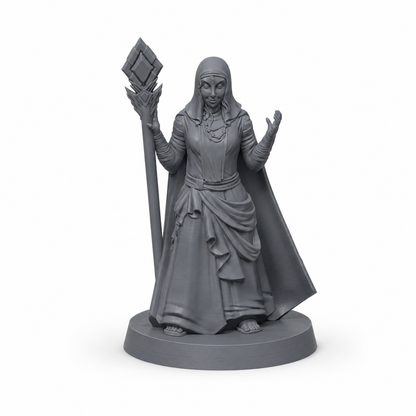 Tre prester fra Den hellige orden med rustning og symboler, 3D-printet D&D-miniatyrsett fra Spillsmia.