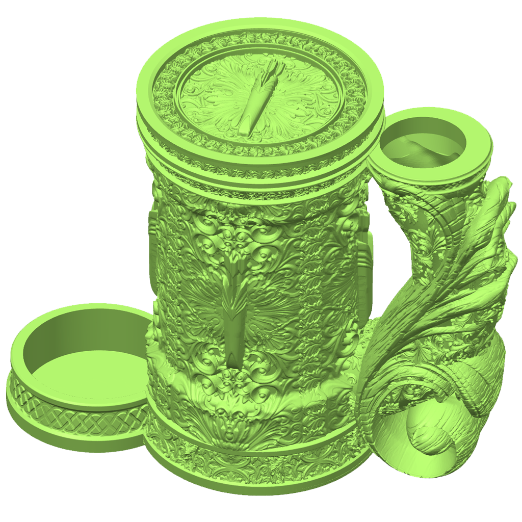 3D-printet grønt Ranger eventyrkrus med pilmotiv, skrulokk og integrert dice tower til D&D og tabletop-rollespill.